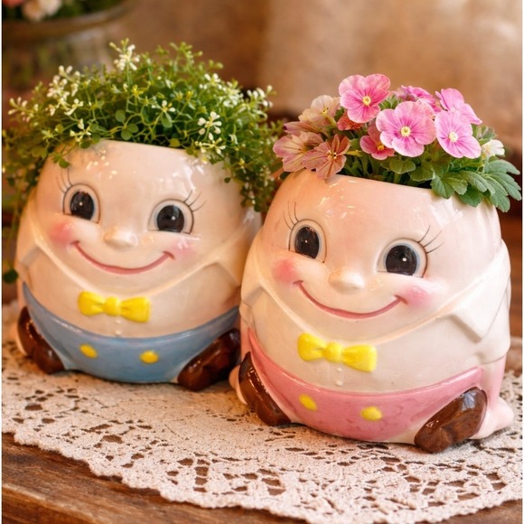 Other - Vintage Humpty Dumpty Ceramic Planters Set of 2 Pink Blue Nursery Rhyme Kitsch